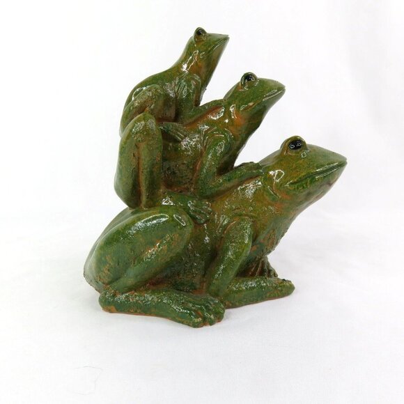 Frog Figurine 3 Stacked Green Frogs  Glazed Realistic 6" x 6" Toad - Picture 9 of 11